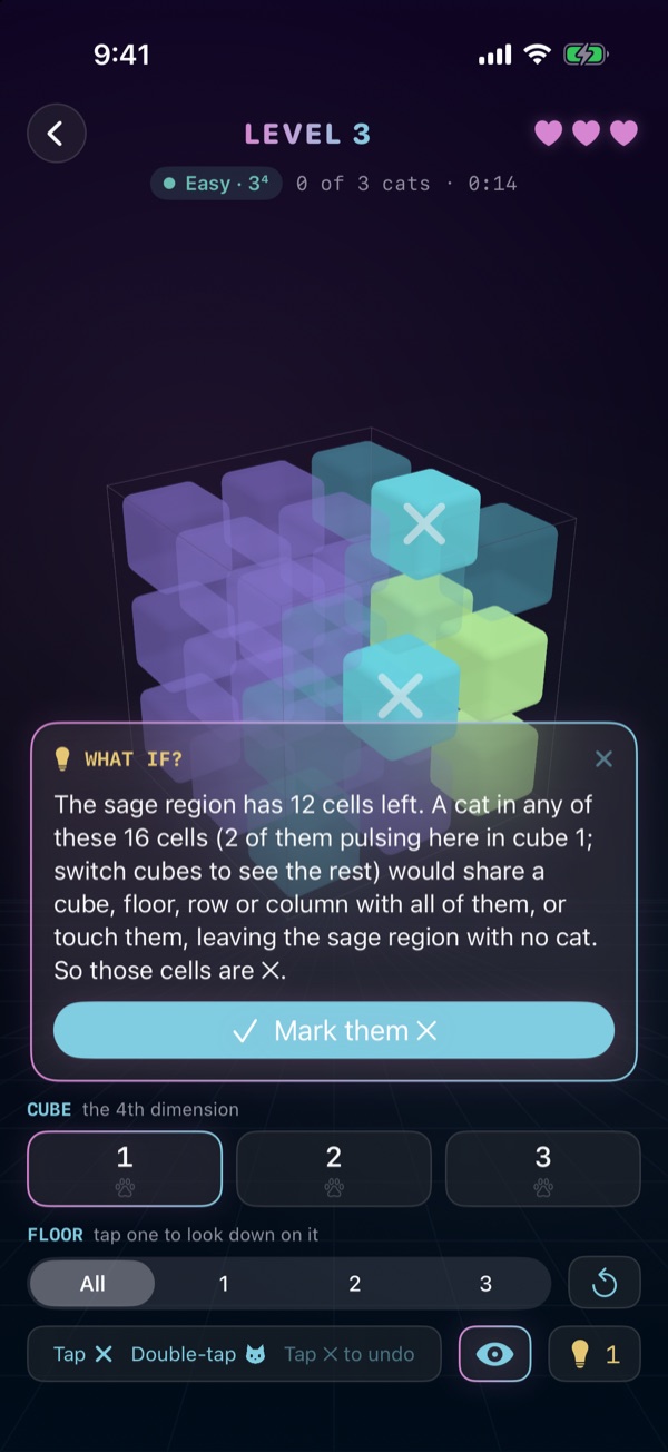 A Hypercats 4D puzzle: a glowing 4 by 4 by 4 cube of colored cells, with a hint card explaining why the pulsing cells can't hold a cat
